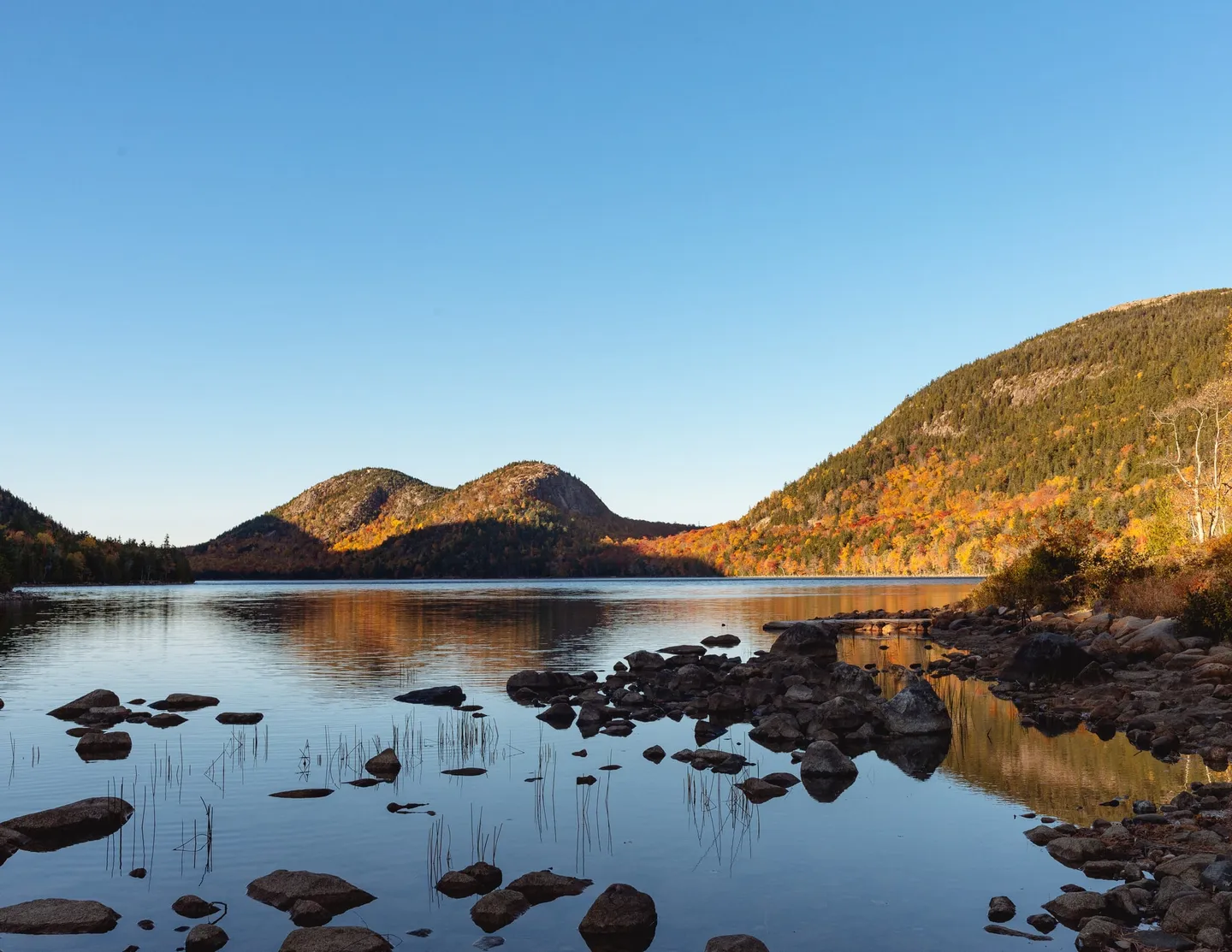 The Bubbles and autumn woodland reflected in Jordan Pond, with rocks along the south shore.
